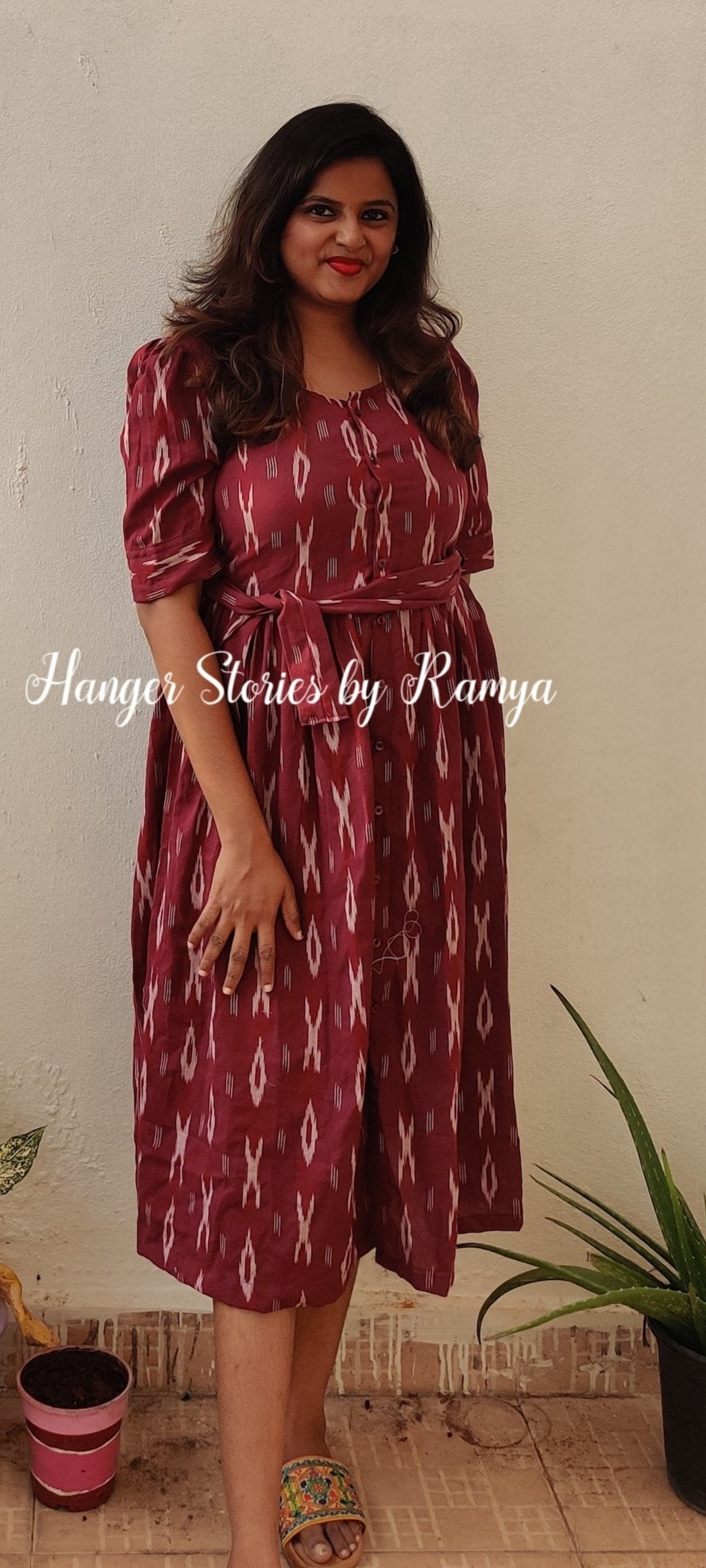 Maroon Ikkat Center Button