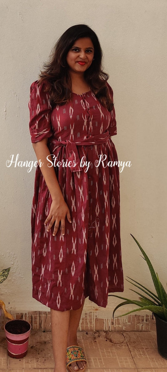 Maroon Ikkat Center Button